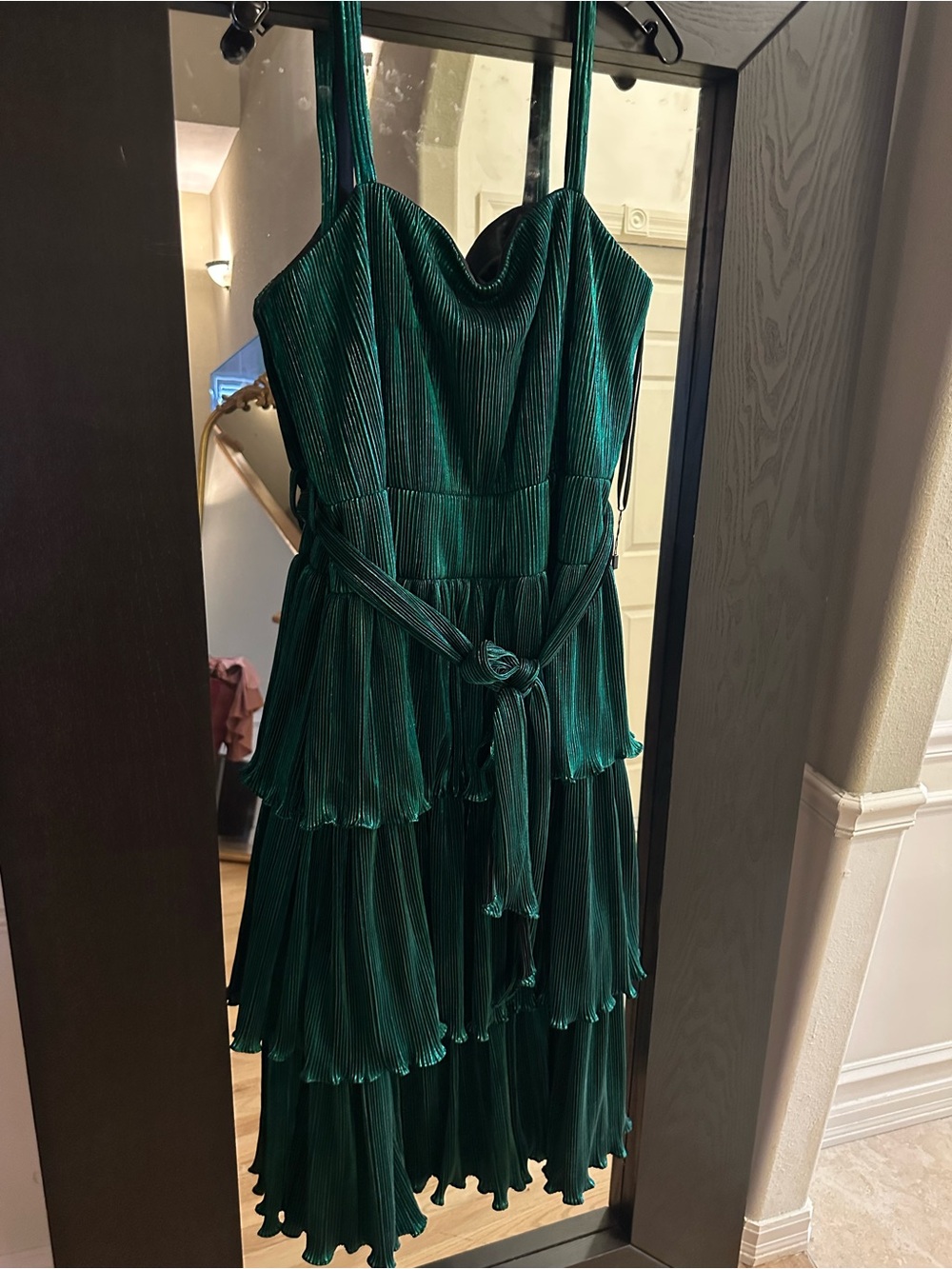 Mac Duggal Emerald Green Pleated Midi Dress with Belt